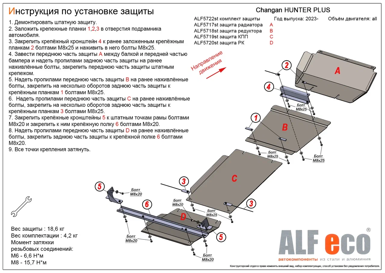 Комплект защиты (радиатор, редуктор переднего моста, КПП, РК (4 части)) для Changan HUNTER PLUS